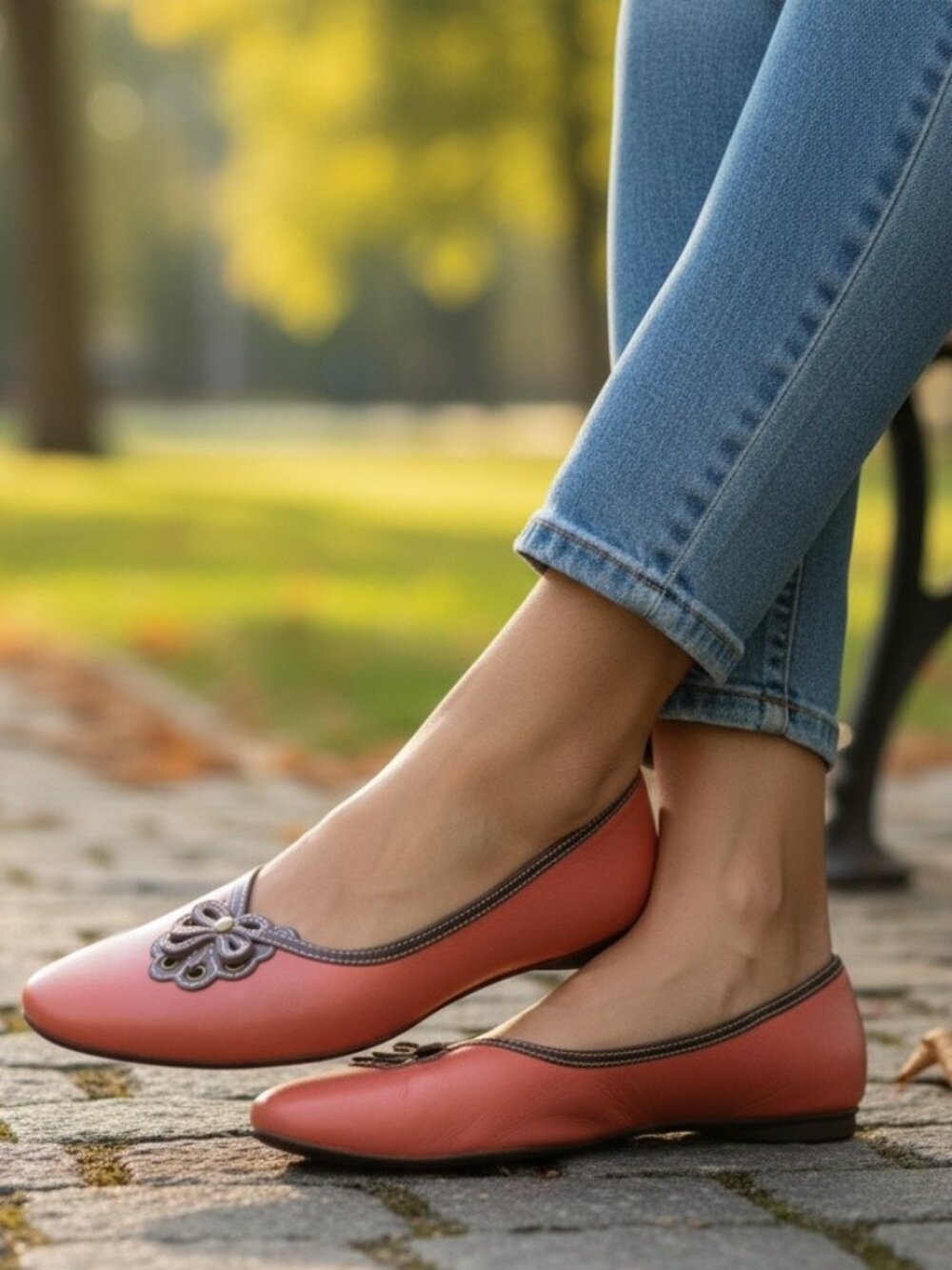 Clarks "Indigo" Vintage Papaya Leather Boho Embellished Flats